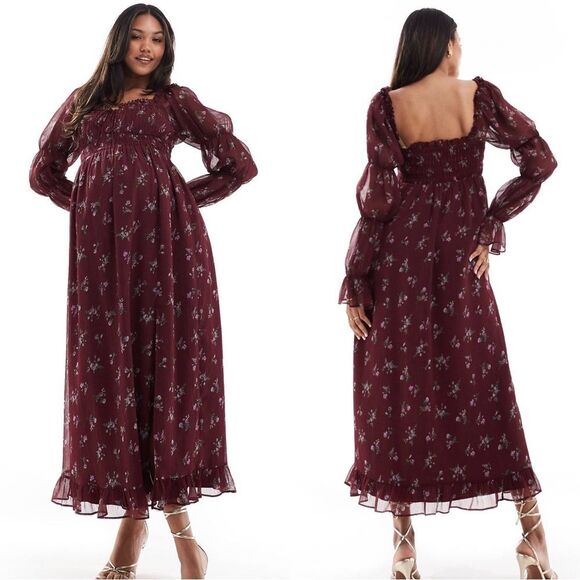 BNWT ASOS Maternity Burgundy Floral Print Milkmaid Long Sleeve Midi Dress Sz 12 - Picture 1 of 13